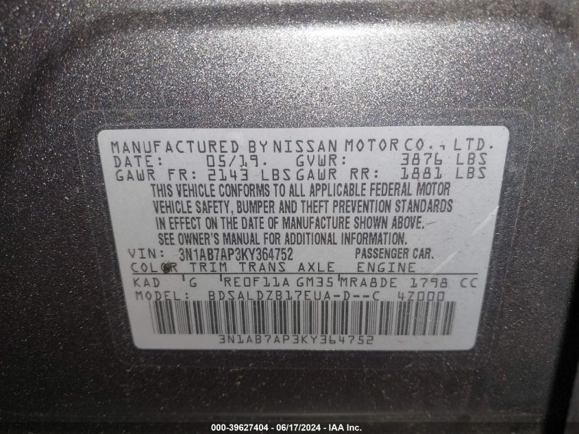 3N1AB7AP3KY364752 2019 Nissan Sentra Sv