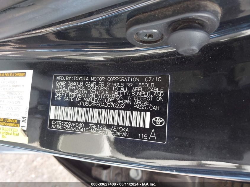 2010 Toyota Corolla Le VIN: JTDBU4EE0AJ070232 Lot: 39627408