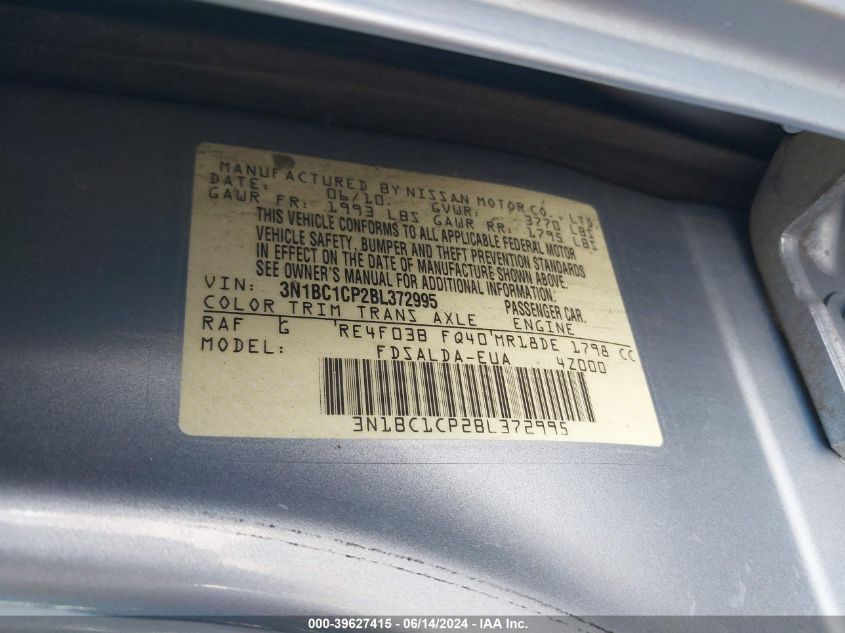 2011 Nissan Versa 1.8S VIN: 3N1BC1CP2BL372995 Lot: 39627415