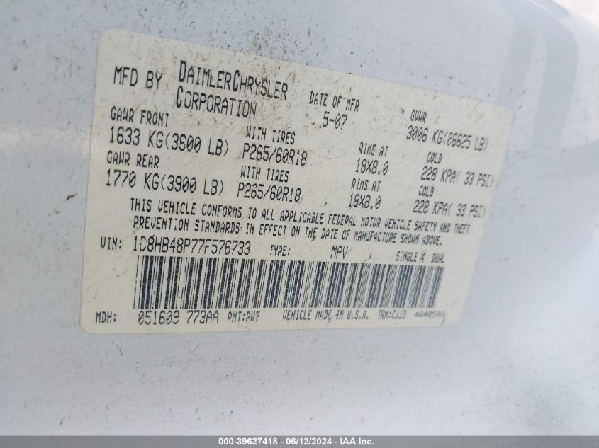 2007 Dodge Durango Slt VIN: 1D8HB48P77F576733 Lot: 39627418