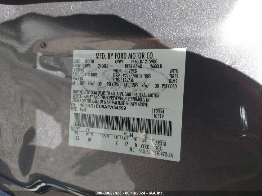 2010 Ford Ranger Xlt VIN: 1FTKR1ED5APA54399 Lot: 39627423