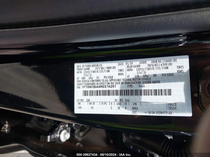 2024 Ford F-350 Xl/Xlt VIN: 1FT8W3BA9REE16251 Lot: 39627434