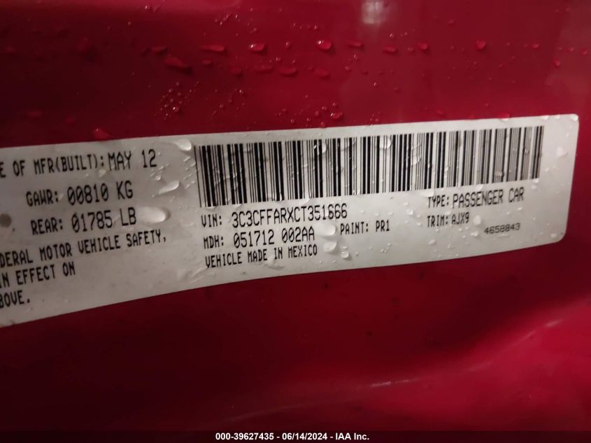 2012 Fiat 500 Pop VIN: 3C3CFFARXCT351666 Lot: 39627435