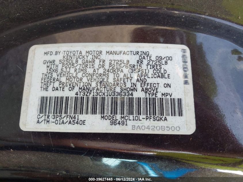 2001 Toyota Sienna Le VIN: 4T3ZF13CX1U336334 Lot: 39627445