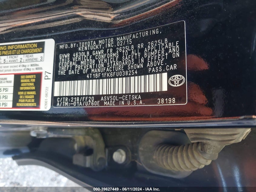 2015 TOYOTA CAMRY LE/XLE/SE/XSE - 4T1BF1FK6FU038254