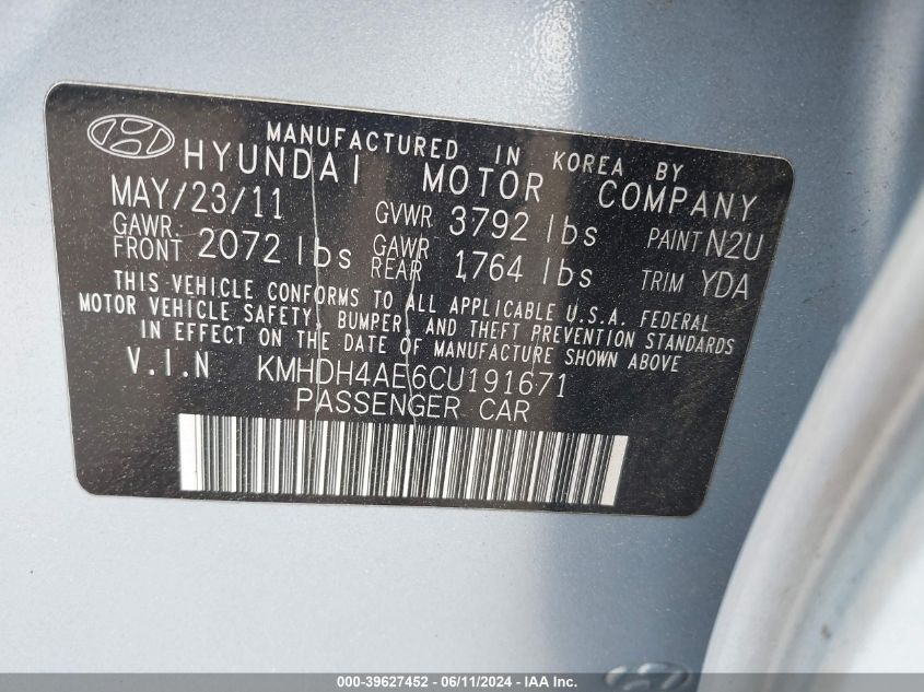 2012 Hyundai Elantra Gls (Ulsan Plant) VIN: KMHDH4AE6CU191671 Lot: 39627452