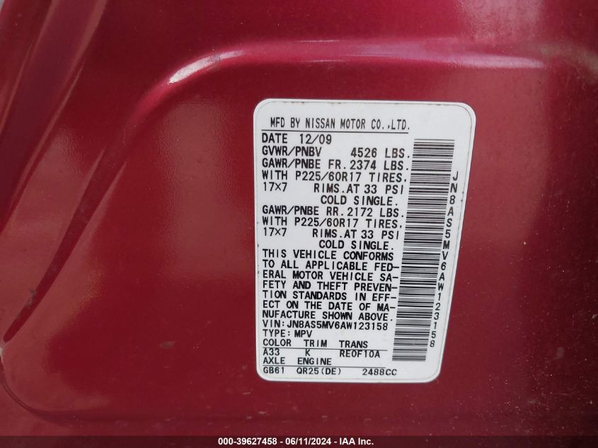 2010 Nissan Rogue Sl VIN: JN8AS5MV6AW123158 Lot: 39627458