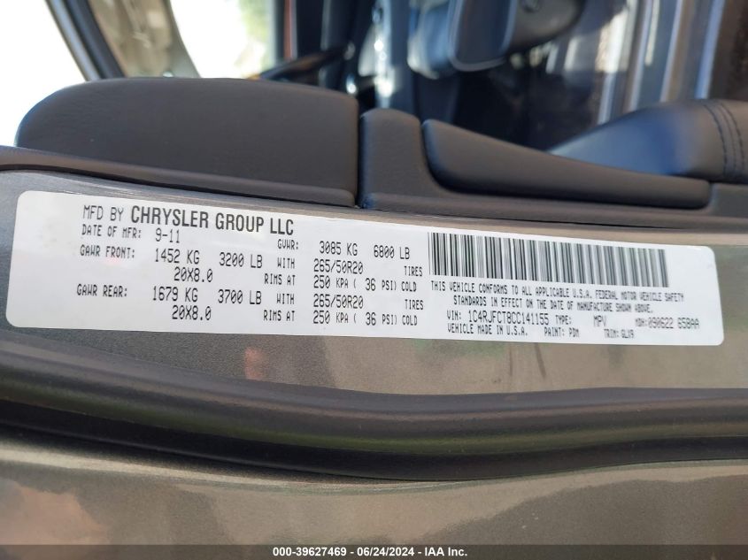 2012 Jeep Grand Cherokee Overland VIN: 1C4RJFCT8CC141155 Lot: 39627469