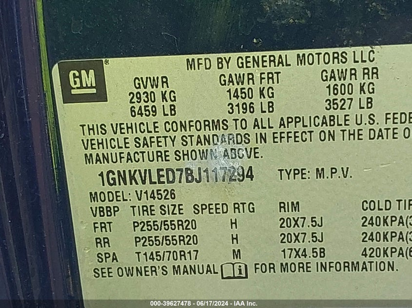 2011 Chevrolet Traverse Ltz VIN: 1GNKVLED7BJ117294 Lot: 39627478