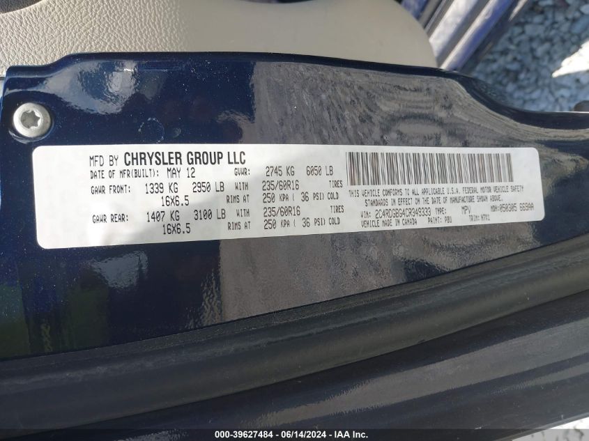 2012 Dodge Grand Caravan Se/Avp VIN: 2C4RDGBG4CR349333 Lot: 39627484