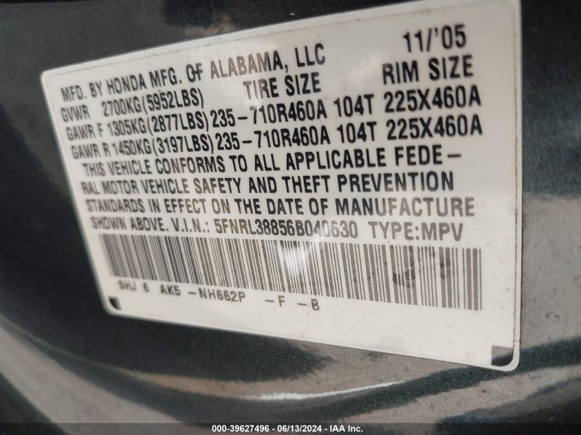 2006 Honda Odyssey Touring VIN: 5FNRL38856B040630 Lot: 39627496