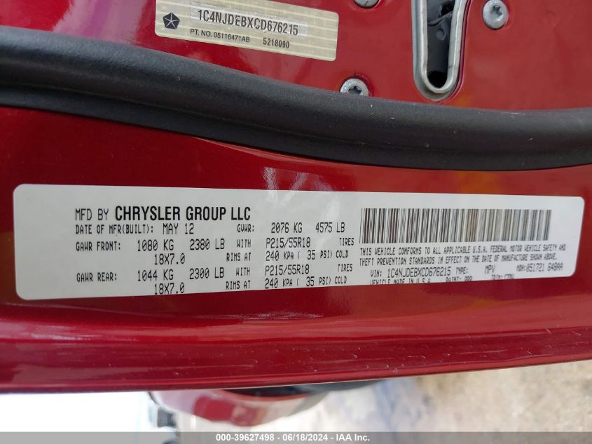 2012 Jeep Compass Latitude VIN: 1C4NJDEBXCD676215 Lot: 39627498
