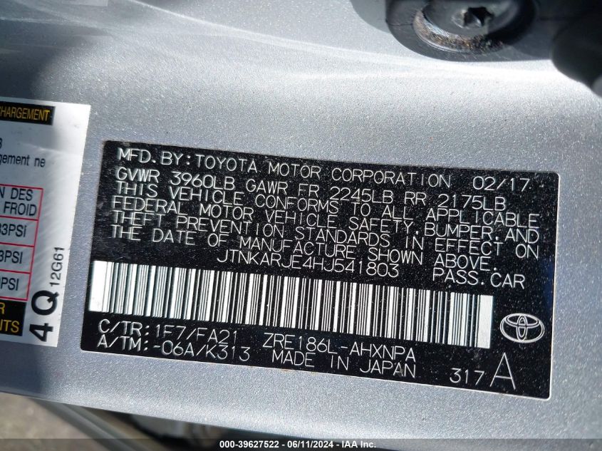 2017 Toyota Corolla Im VIN: JTNKARJE4HJ541803 Lot: 39627522