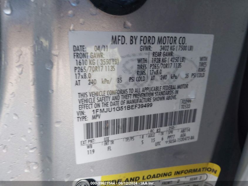 2011 Ford Expedition Xl VIN: 1FMJU1G51BEF39499 Lot: 39627544