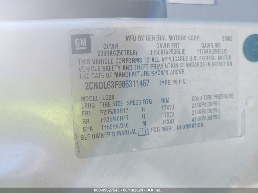 2008 Chevrolet Equinox Lt VIN: 2CNDL63F986311467 Lot: 39627543