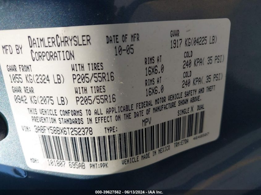 2006 Chrysler Pt Cruiser Touring VIN: 3A8FY58BX6T252378 Lot: 39627562