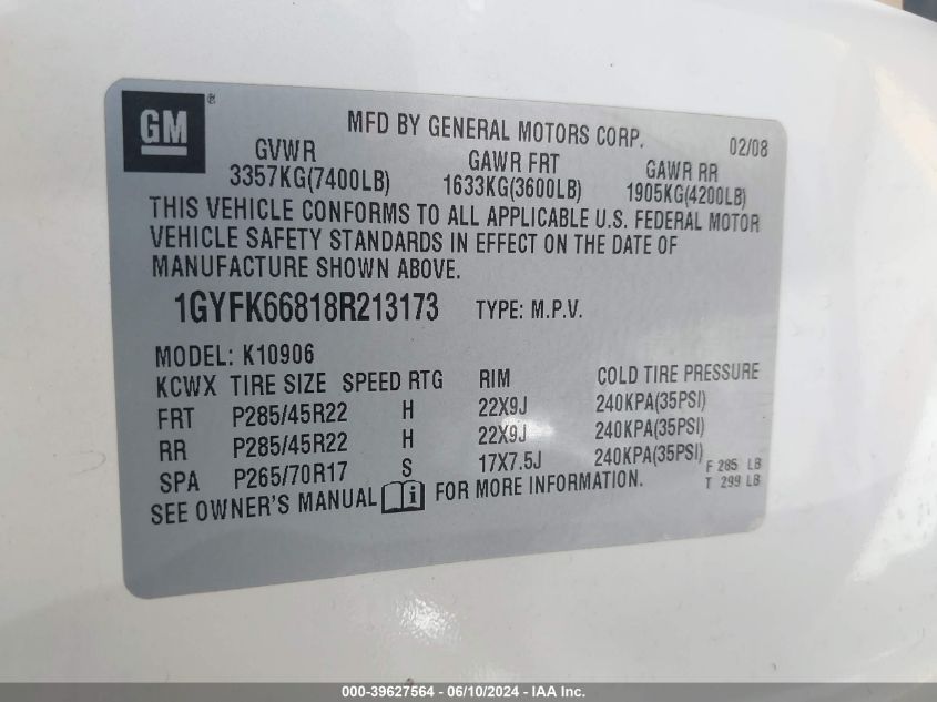 2008 Cadillac Escalade Esv Standard VIN: 1GYFK66818R213173 Lot: 39627564