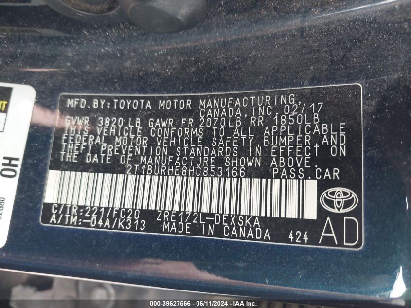 2017 TOYOTA COROLLA SE - 2T1BURHE8HC853166