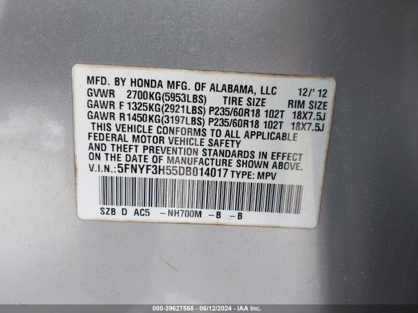 2013 Honda Pilot Ex-L VIN: 5FNYF3H55DB014017 Lot: 39627568