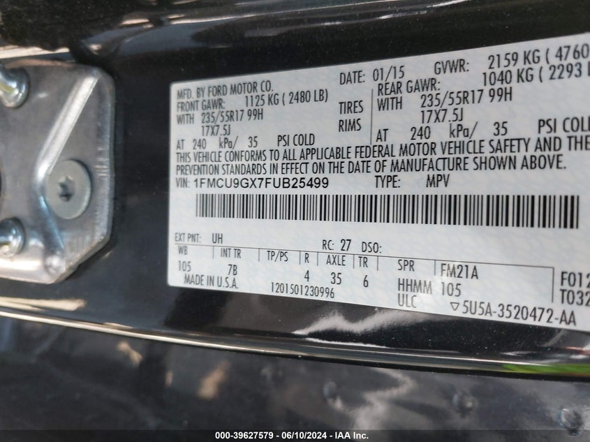 2015 Ford Escape Se VIN: 1FMCU9GX7FUB25499 Lot: 39627579