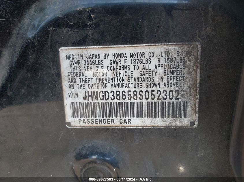 2008 Honda Fit Sport VIN: JHMGD38658S052302 Lot: 39627583