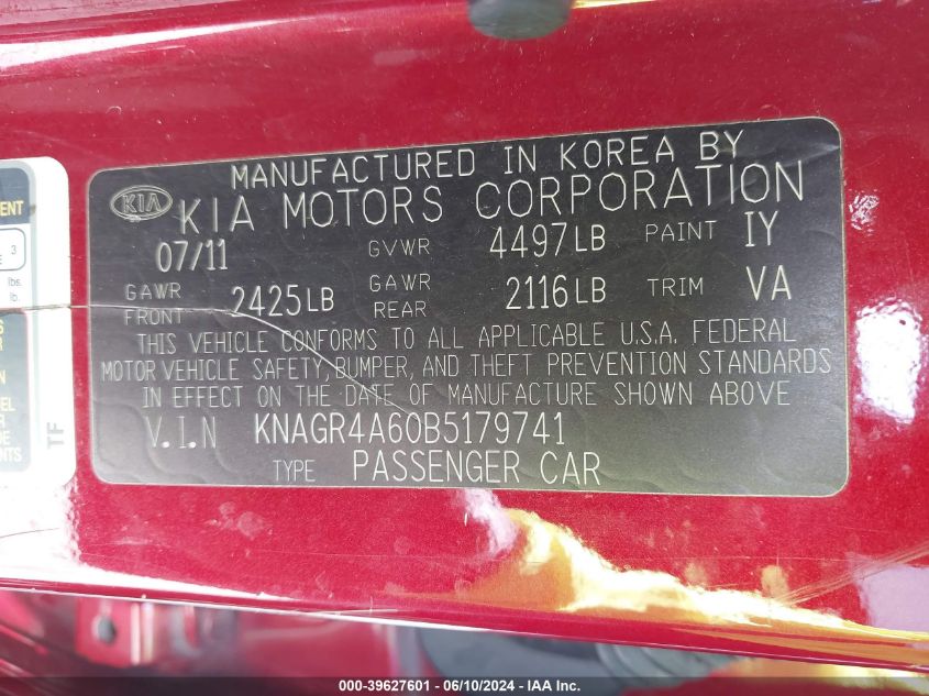 2011 Kia Optima Sx VIN: KNAGR4A60B5179741 Lot: 39627601