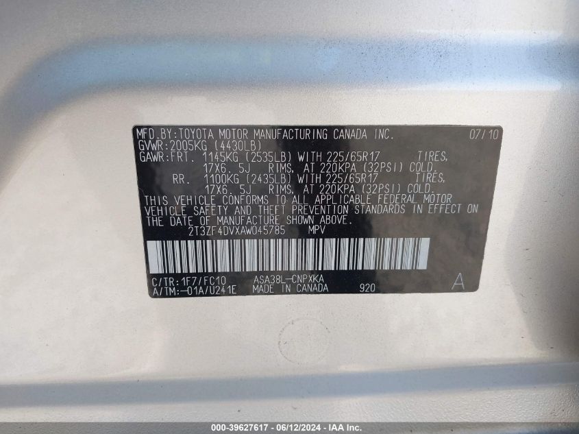 2010 Toyota Rav4 VIN: 2T3ZF4DVXAW045785 Lot: 39627617