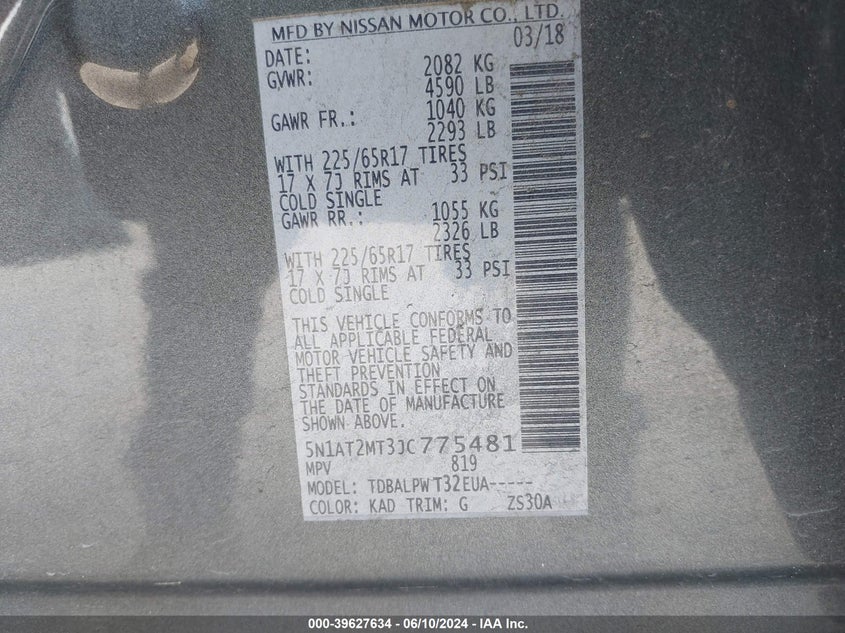 2018 Nissan Rogue S VIN: 5N1AT2MT3JC775481 Lot: 39627634