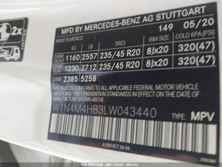 2020 Mercedes-Benz Glb 250 4Matic VIN: W1N4M4HB3LW043440 Lot: 39627649