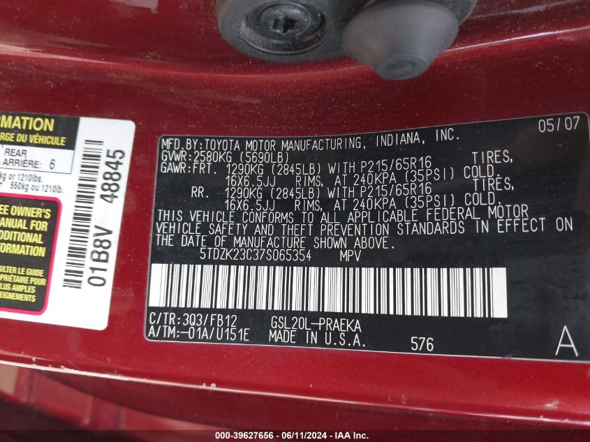 2007 Toyota Sienna Ce VIN: 5TDZK23C37S065354 Lot: 39627656