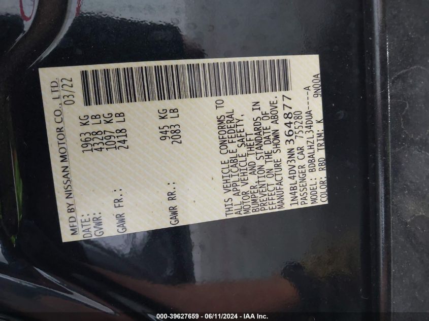 2022 Nissan Altima Sv Fwd VIN: 1N4BL4DV3NN364877 Lot: 39627659