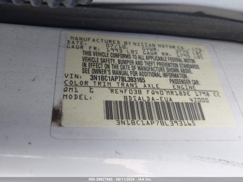 2011 Nissan Versa 1.8S VIN: 3N1BC1AP7BL393165 Lot: 39627665