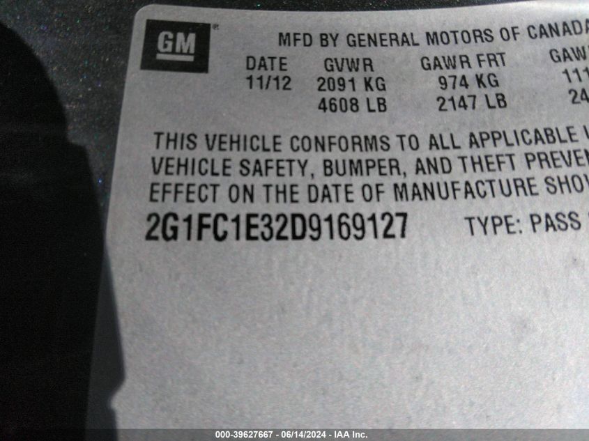 2013 Chevrolet Camaro 2Lt VIN: 2G1FC1E32D9169127 Lot: 39627667