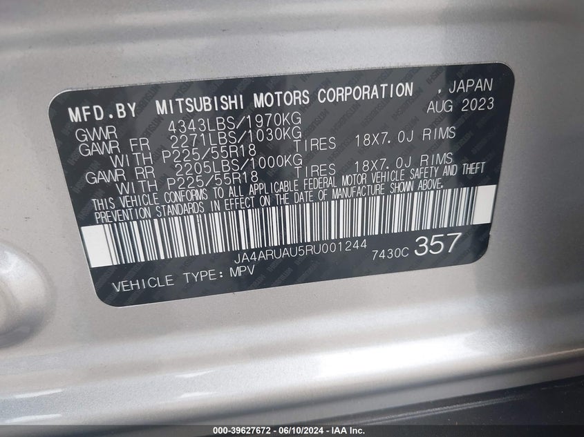 2024 Mitsubishi Outlander Sport 2.0 Es Awc VIN: JA4ARUAU5RU001244 Lot: 39627672