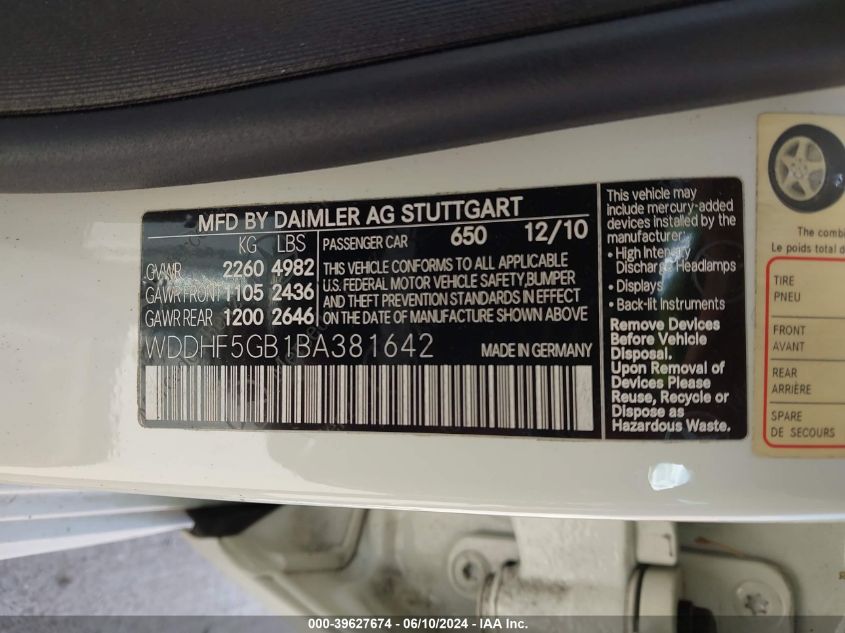 2011 Mercedes-Benz E 350 VIN: WDDHF5GB1BA381642 Lot: 39627674