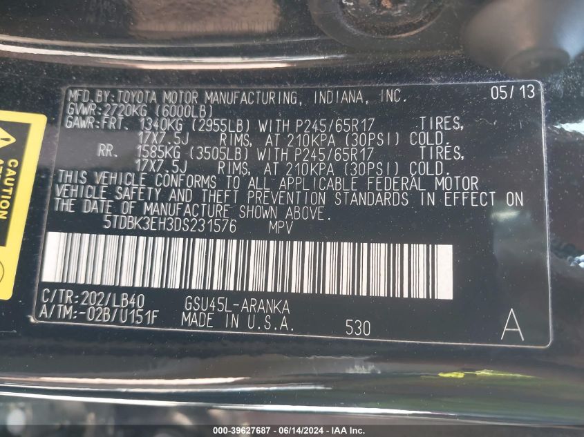 2013 Toyota Highlander Se V6 VIN: 5TDBK3EH3DS231576 Lot: 39627687