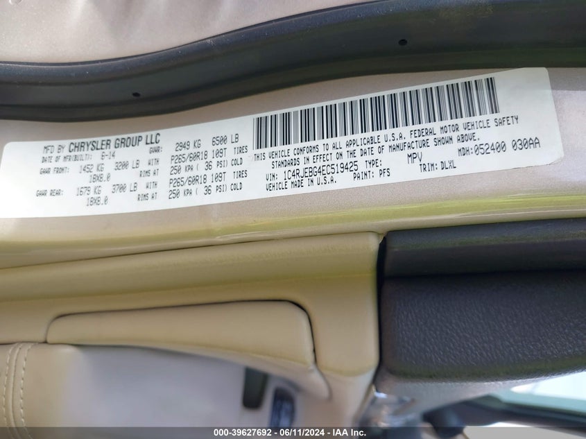 2014 Jeep Grand Cherokee Limited VIN: 1C4RJEBG4EC519425 Lot: 39627692