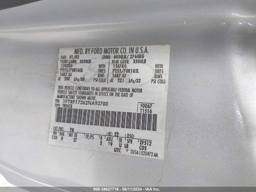 2002 Ford F-150 Xl/Xlt VIN: 1FTRF17262NA93700 Lot: 39627716