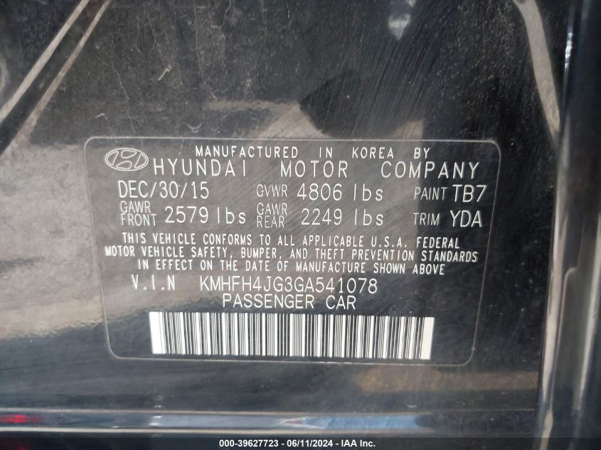 2016 Hyundai Azera Limited VIN: KMHFH4JG3GA541078 Lot: 39627723