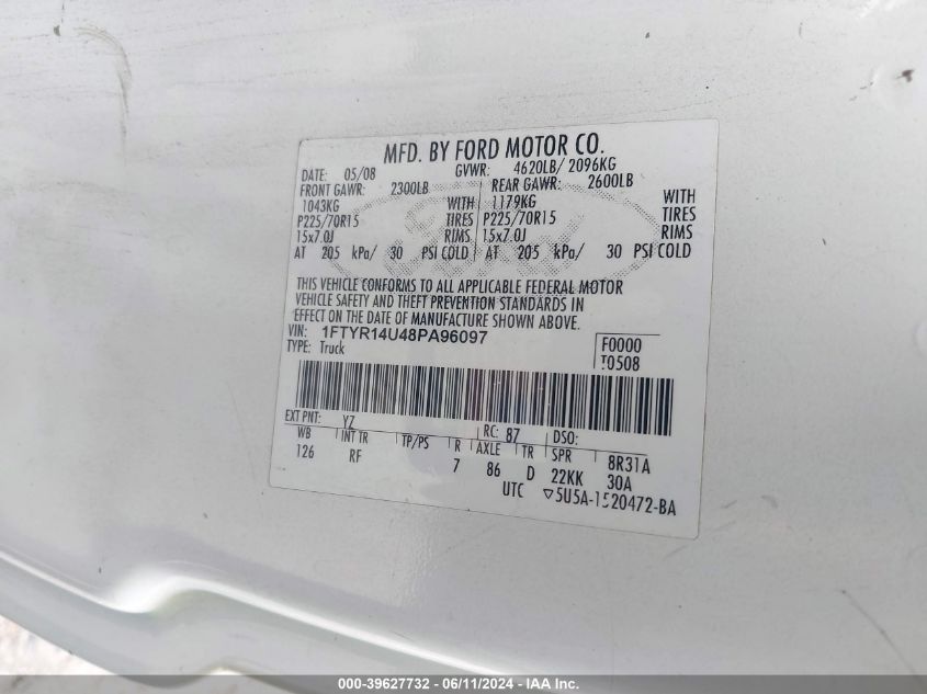 2008 Ford Ranger Sport/Xl/Xlt VIN: 1FTYR14U48PA96097 Lot: 39627732
