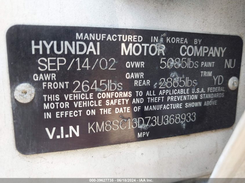 KM8SC13D73U368933 2003 Hyundai Santa Fe Gls/Lx