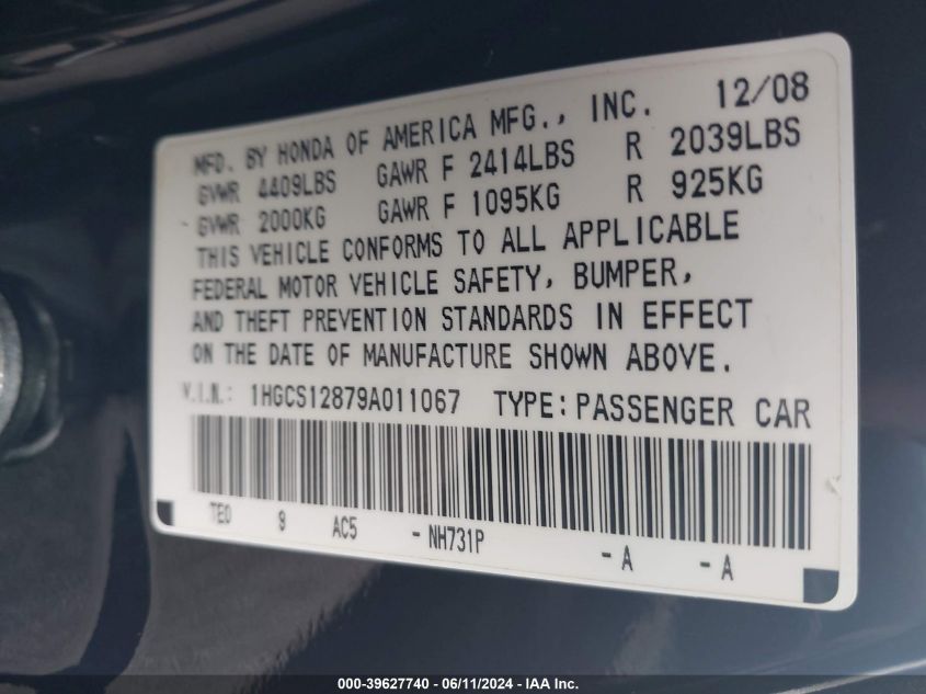 2009 Honda Accord 2.4 Ex-L VIN: 1HGCS12879A011067 Lot: 39627740