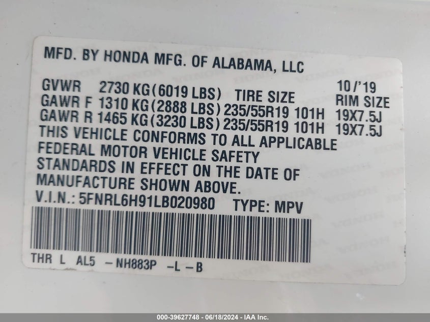 2020 Honda Odyssey Elite VIN: 5FNRL6H91LB020980 Lot: 39627748