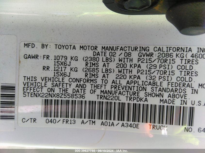 2008 Toyota Tacoma VIN: 5TENX22NX8Z558536 Lot: 39627755