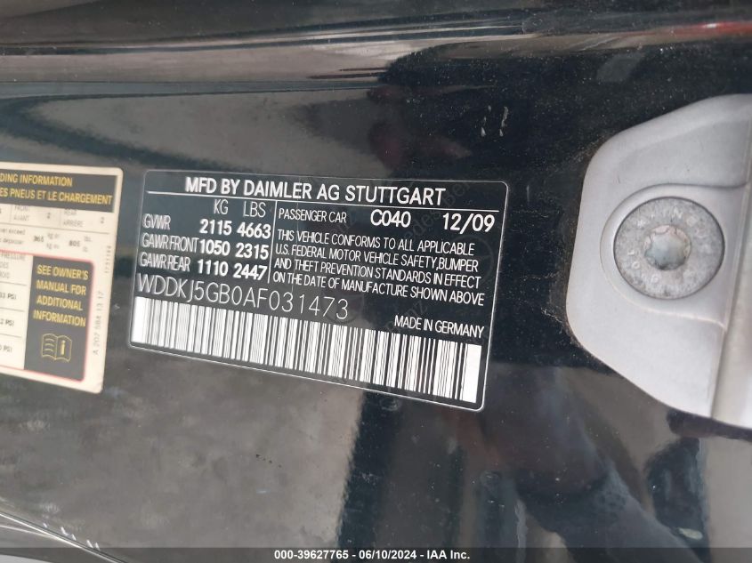 2010 Mercedes-Benz E 350 VIN: WDDKJ5GB0AF031473 Lot: 39627765