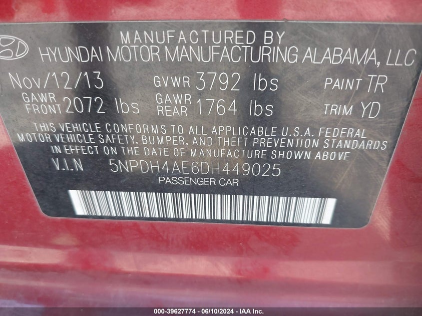 2013 Hyundai Elantra Gls VIN: 5NPDH4AE6DH449025 Lot: 39627774