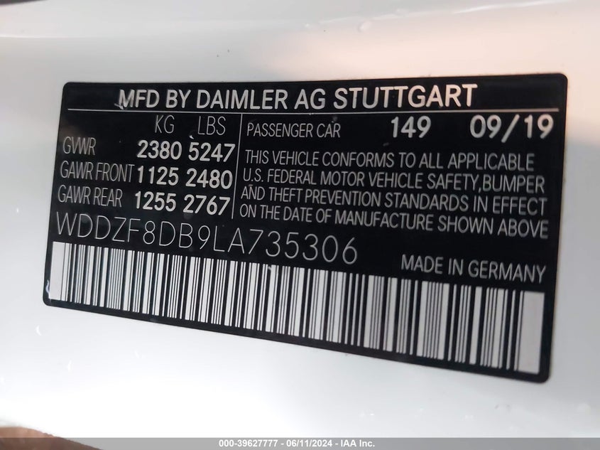 VIN WDDZF8DB9LA735306 2020 MERCEDES-BENZ E 350