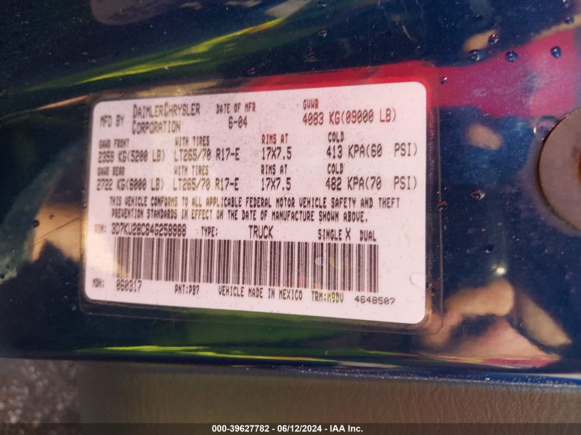 2004 Dodge Ram 2500 Slt/Laramie VIN: 3D7KU28C64G258988 Lot: 39627782