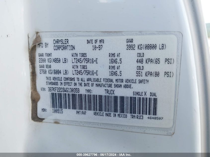 1998 Dodge Ram 2500 St VIN: 3B7KF22D3WG130359 Lot: 39627796