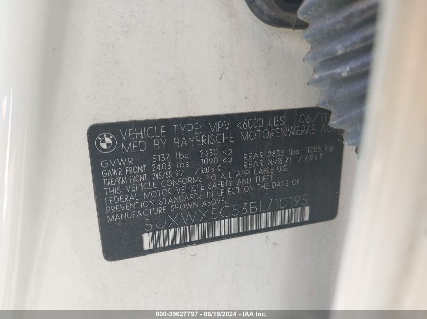 2011 BMW X3 xDrive28I VIN: 5UXWX5C53BL710195 Lot: 39627797